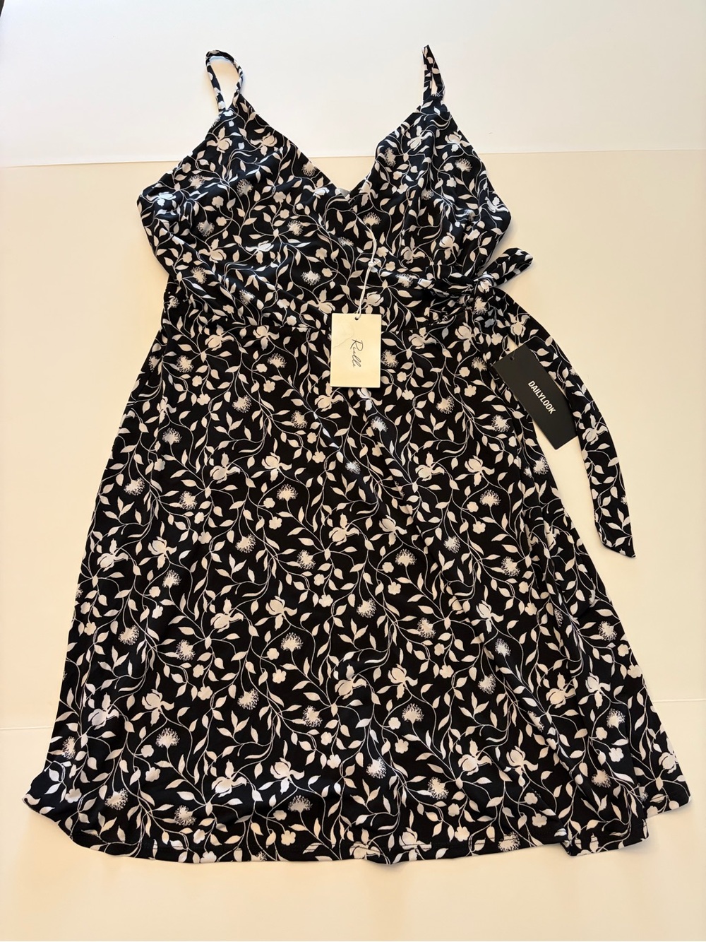 NWT Rielle Black Floral Wrap Midi Dress Boho Wedding Guest Sz L